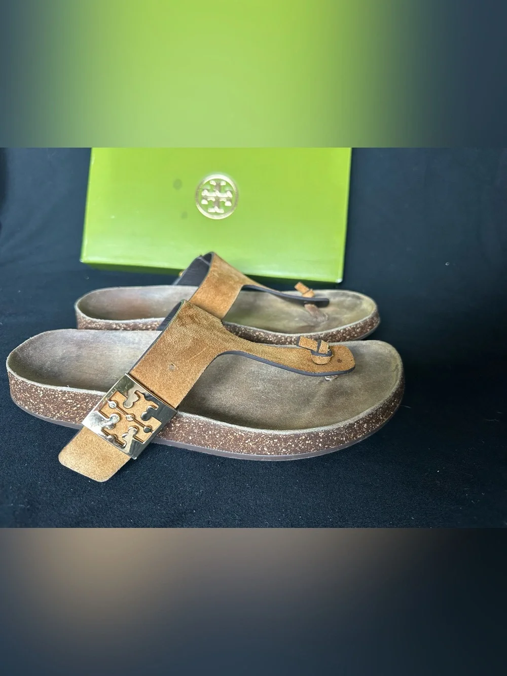 Tory Burch Mellow Thing Suede Cork Toe-Post Sandals Logo Plaque Cognac Tan 8.5